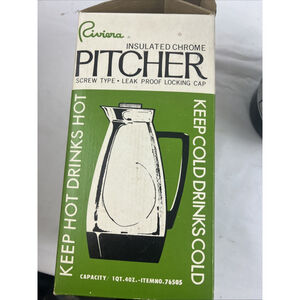 Vtg 70s RIVIERA Coffee Carafe~Insulated Pitcher~Chrome W/Black Handle & Box